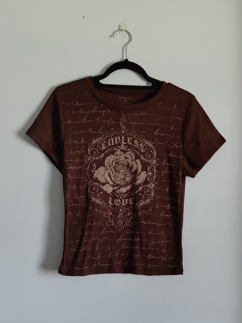 Brown Y2K Graphic Rose Baby Tee Endless Love Brown Rock Grunge 90s